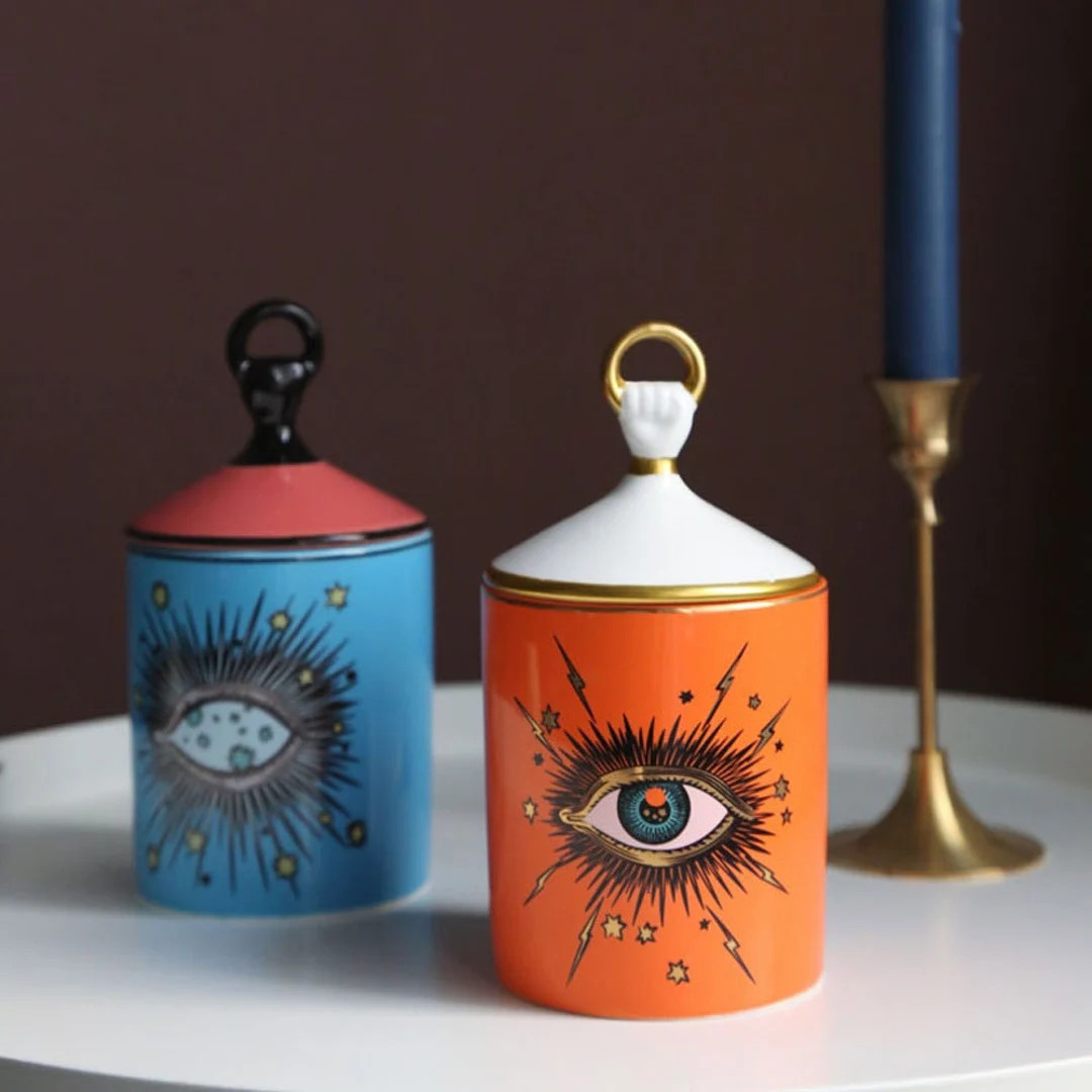 Ceramic Big Eye Jar with Lid and Matching Tray | Blue or Orange Candle Holder | Storage Pot Holde... | Etsy (US)