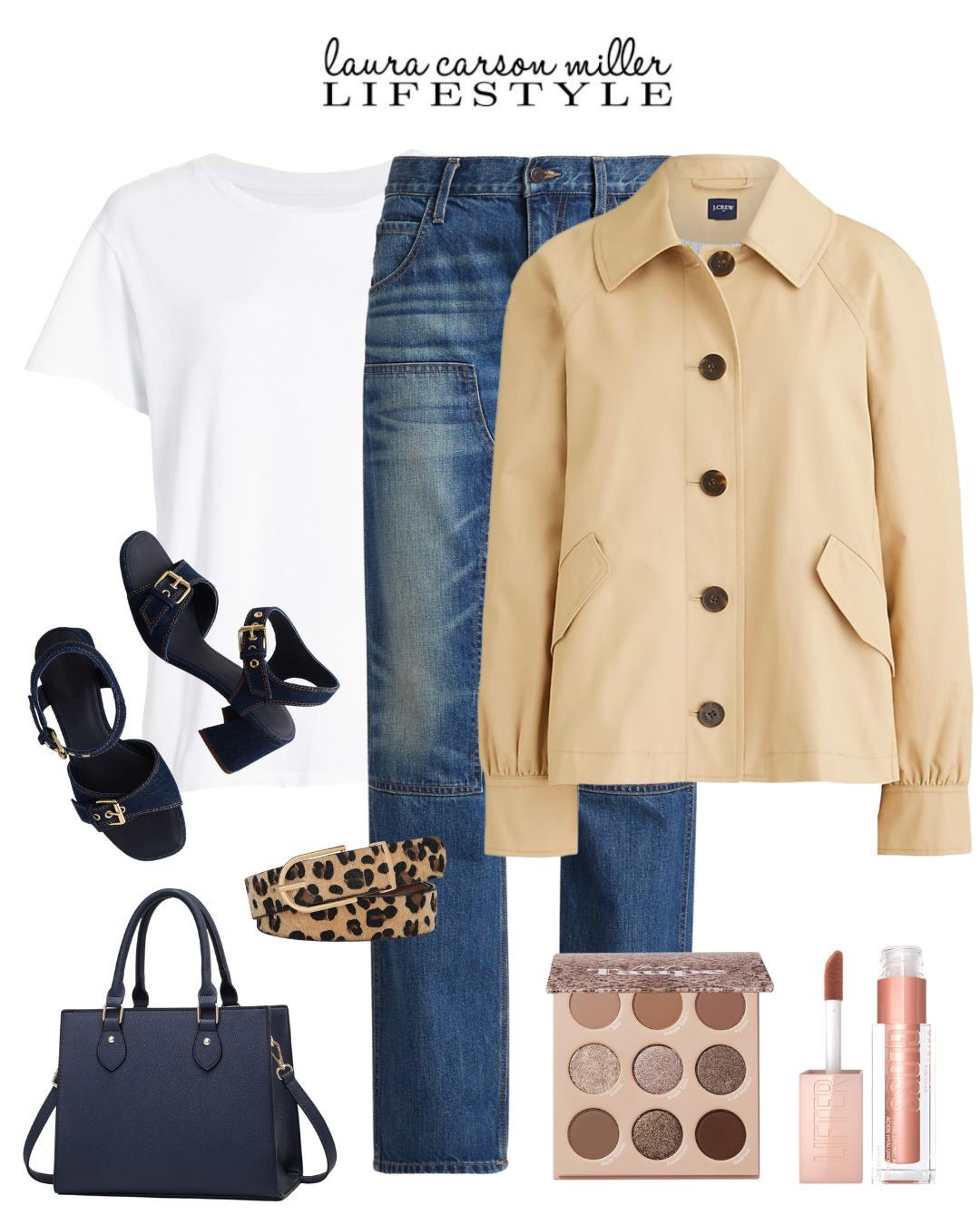 Elevate jeans and a white tee with this fabulous trench jacket - I own it and I love wearing it and get so many compliments! Denim sandals are so hot for spring! These have a great block heel and are perfect for work or play. You might not’ve thought of it but a navy handbag is genius if you wear jeans a lot like I do. It brings continuity to your outfit whether you are jeans casual or jeans chic or my fave: jeans casually chic. Makeup in tawny shades is on point for spring. This gloss brand/formula is epic and is all the rage since Nikki Glaser’s makeup artist used it on her when she host the Golden Globes. I personally love the pink shade called Bubble Gum. (That says so much about me! 😍) 
Laura Carson Miller, jeans, white t-shirt, trench jacket, cropped trench, denim sandals, navy bag, nude makeup, natural makeup, spring style, spring outfit, Easter outfit, vacation outfitt

#LTKBeauty #LTKFindsUnder100 #LTKShoeCrush