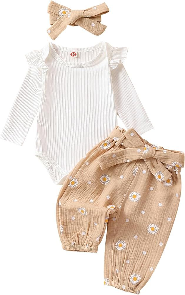 Kaipiclos Newborn Infant Girl Clothes Rib Knit Romper Daisy Print Pants Headband Baby Clothes for... | Amazon (US)