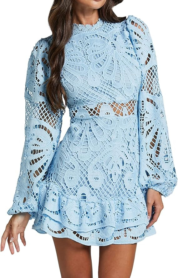 Amazon.com: Women's Spring Long Sleeve Embroidery Mini Dress Ruffle Hollow Out Sexy Lace Dress (B... | Amazon (US)