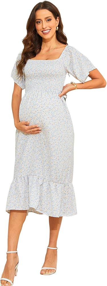 Women's Summer Dress Floral Square Neck Midi Dresses Maternity Dress Casual A-Line Dress Long Flo... | Amazon (US)