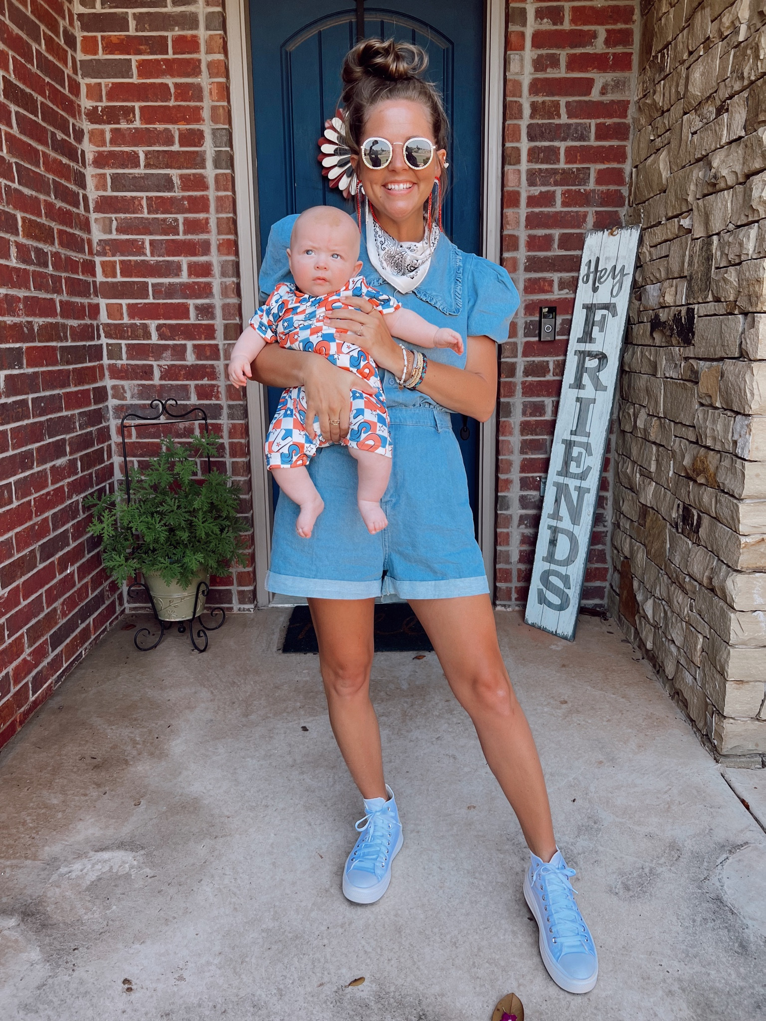 4th of July outfit! Denim romper, high top converse sneakers, silk bandana 

#LTKstyletip #LTKSeasonal #LTKunder100