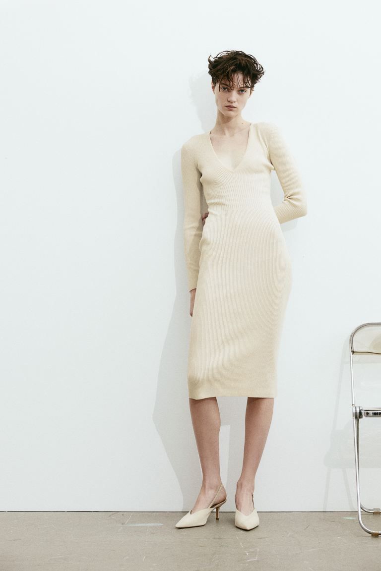 Rib-knit Bodycon Dress - Low-cut Neckline - Long sleeve - Light beige - Ladies | H&M US | H&M (US + CA)