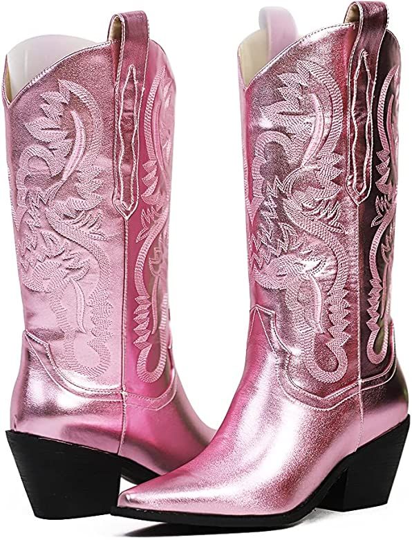 MeiLuSi Cowboy Boots for Women Mid Calf Boots Retro Embroidered Cowgirl Boots Chunky Heels Metall... | Amazon (US)