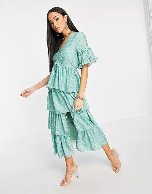 In The Style x Stacey Solomon tiered ruffle midi dress in green floral print | ASOS (Global)