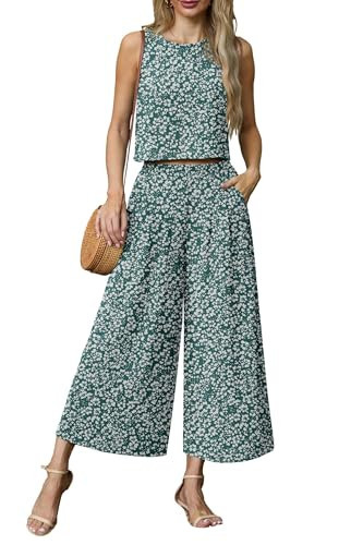 Lepunuo Summer 2 Piece Outfits for Women Sleeveless Boho Crop Top Capri Wide Leg Pants Matching Sets Beach Travel Outfits | Amazon (US)