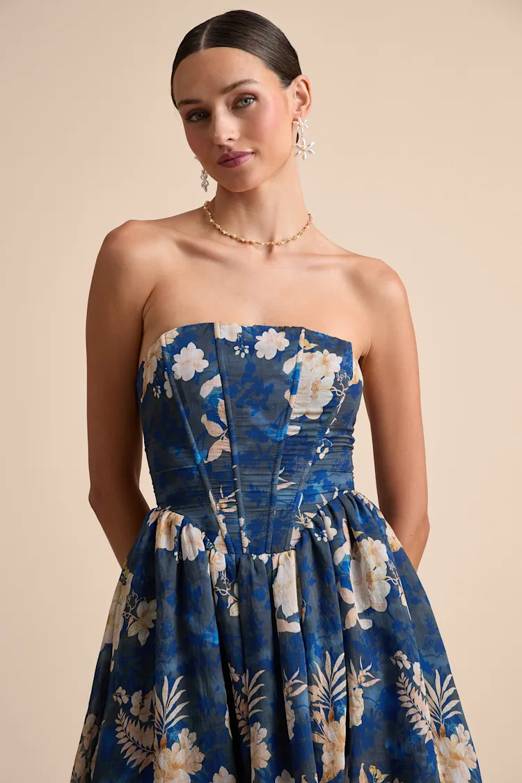 Eulalia Dark Blue Floral Lace-Up Strapless Bustier Midi Dress | Lulus