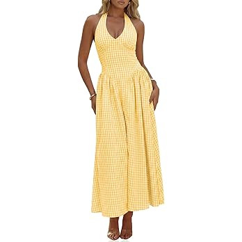 Wenrine Womens Halter V Neck Corset Maxi Dresses Summer Plaid Smocked Tie Back Backless Wedding G... | Amazon (US)