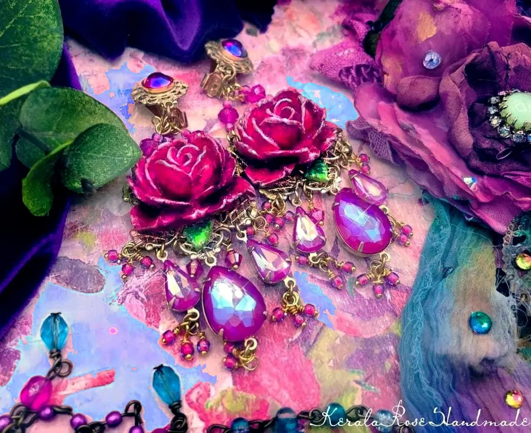 Fuchsia Fairytale Sparkly Rose Chandelier Earrings, Iridescent Pink Crystal Floral- Hot Pink Fant... | Etsy (Global)