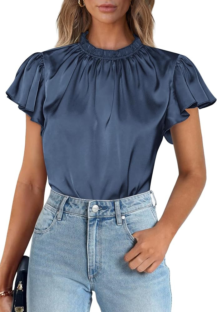 PRETTYGARDEN Business Casual Tops for Women Blouses Dressy 2025 Summer Short Sleeve Ruffle Satin ... | Amazon (US)