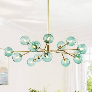 Hannah 15-Light Modern Glam Gold Linear Sputnik Green Glass Globe Bubble Chandelier | The Home Depot