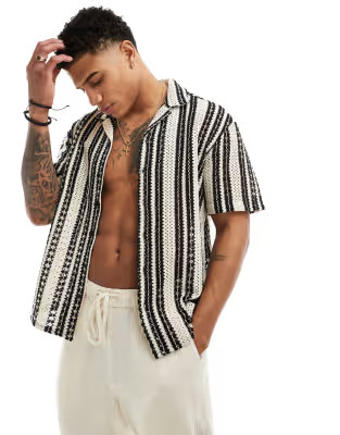 Only & Sons crochet shirt in beige with black stripe | ASOS (Global)