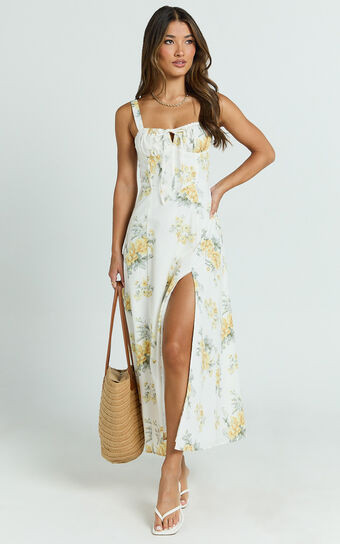 Gretel Midi Dress - Tie Front Corset Leg Split Dress in Antique Florals | Showpo (US, UK & Europe)