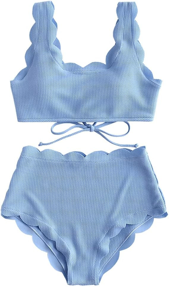 ZAFUL Women's High Waisted Tankini Set, Scalloped Trim Swimsuit Back Lace-Up High Cut Two Piece B... | Amazon (US)