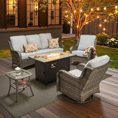 5-piece All-weather Wicker Patio Furniture Set With 42” Fire Pit Table, Deep Seating Sofa & Swivel Rocker Chairs For Backyard, Patio & Poolside Evenin | Wayfair North America