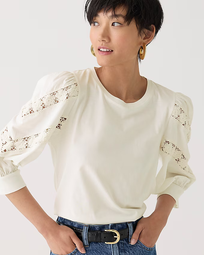 Crochet-trim puff-sleeve T-shirt | J. Crew US