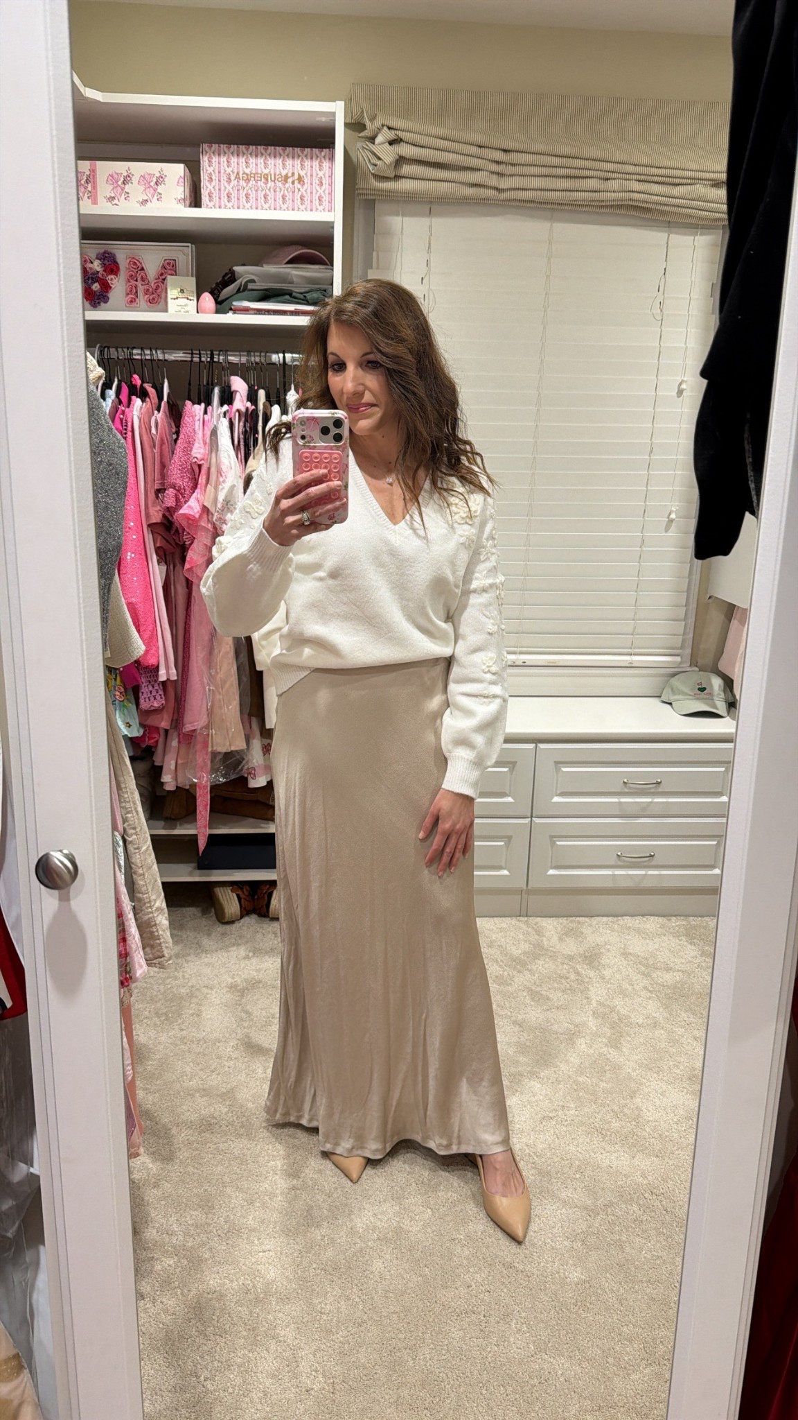 Love a satin skirt with cozy sweater 