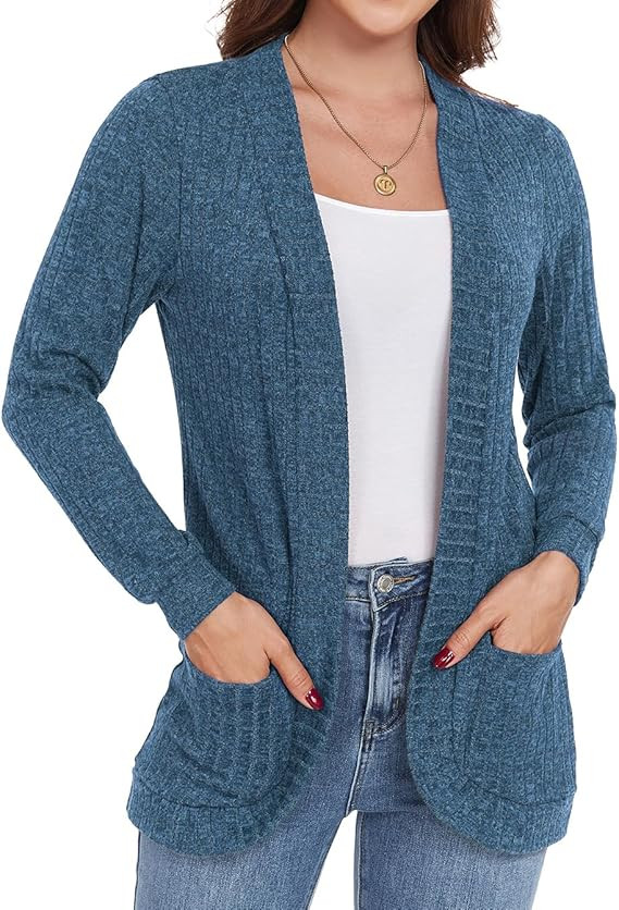 GRECERELLE Womens Long Sleeve Open Front Cardigan Casual V-Neck Curved Hem Ribbed Knit Sweater Ou... | Amazon (US)