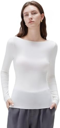 SUUKSESS Cloud Cashmere Women Boat Neck Fitted Long Sleeve Shirt Basic Knit Tops | Amazon (US)