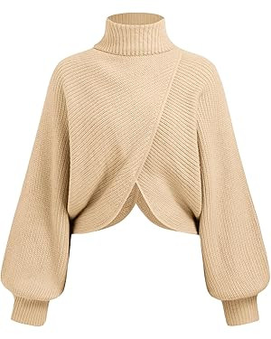 CIDER Cropped Sweaters for Women Turtleneck Sweater Long Sleeve Ribbed Knit Lantern Sleeve Pullov... | Amazon (US)