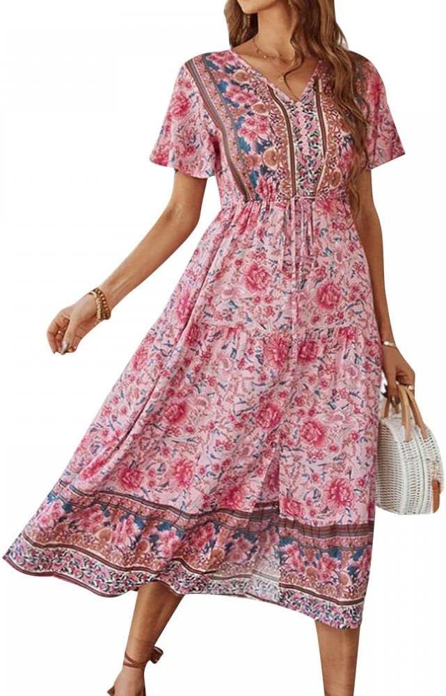 Women's Floral Sundress Short Sleeve Bohemian Casual Summer Front Split Long Beach Maxi Dress | Amazon (US)