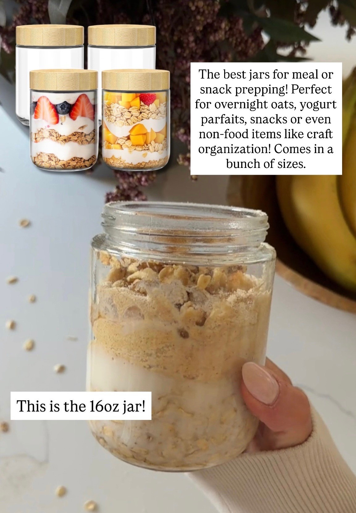 These jars are the best for meal or snack prepping. Perfect for overnight oats, yogurt, parfaits, snacks, or even non-food items like craft organization! These are the 16 oz.

#LTKHome