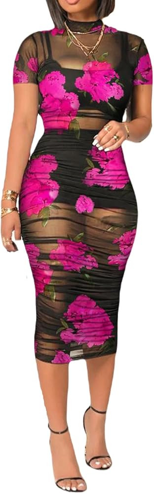 Mojessy Sheer Dress for Women Sexy Short Sleeve Ruched Mesh Bodycon Dress Adjustable Strap Top Mi... | Amazon (US)