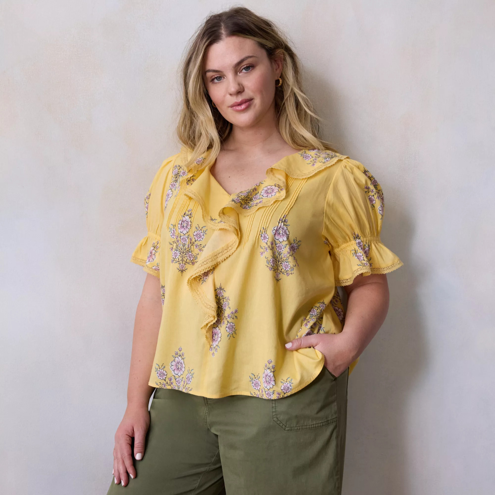 Plus Size LC Lauren Conrad Ruffle Front Pintuck Blouse | Kohl's