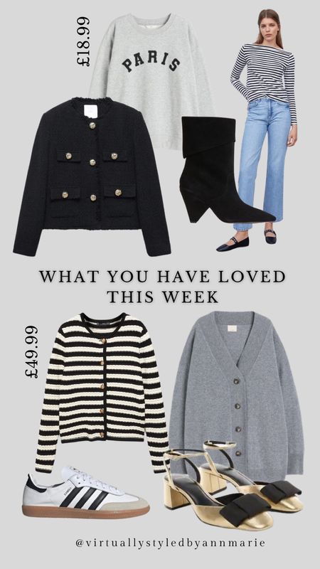 What you have love this week 🫶🏻

 tweed jacket, striped cardigan, breton, Isabel Marant like boots, grey cardigan, gold shoes & adidas sambas 

#LTKeurope #LTKstyletip