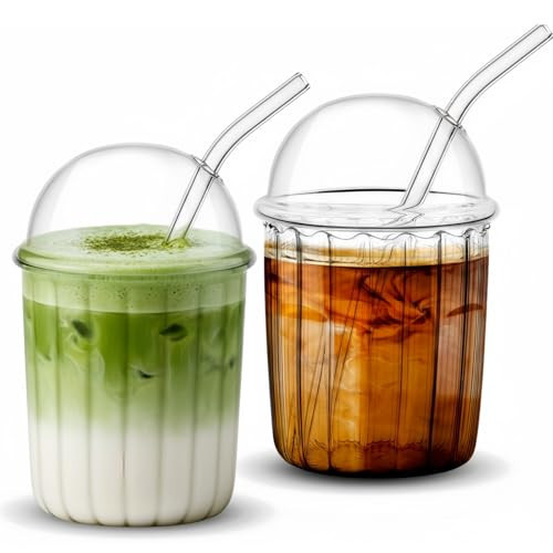Layhit 2 Pcs Glass Cups with Dome Lid and Straw 15 oz Iced Glass Matcha Cup Aesthetic Coffee Cup Cute Drinking Glassware for Juice, Beverage, Milk, Bubble Tea, Cocktails | Amazon (US)