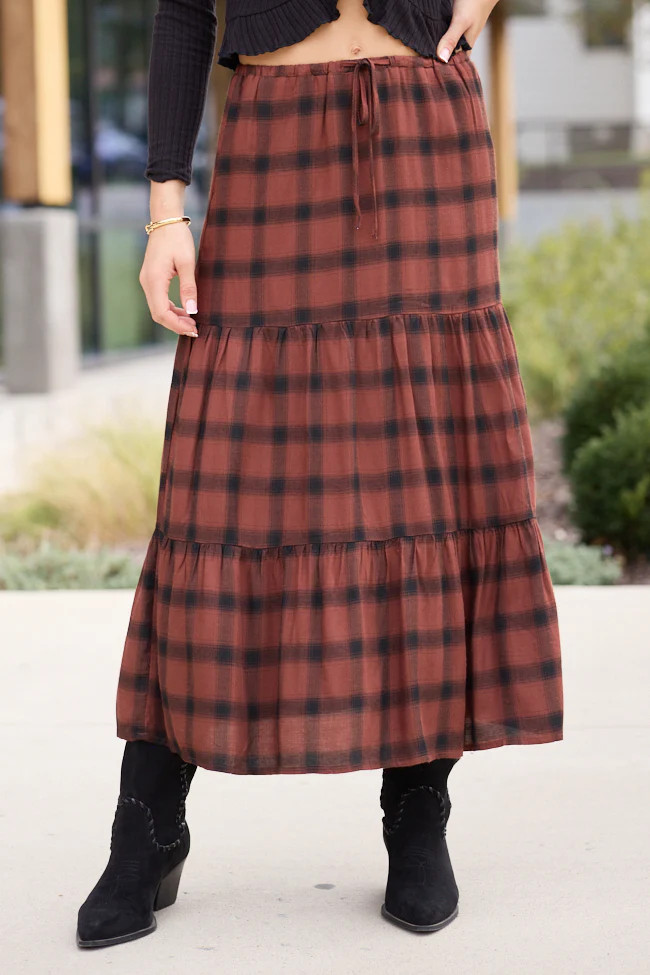 Rena Rust Plaid Midi Skirt | Pink Lily