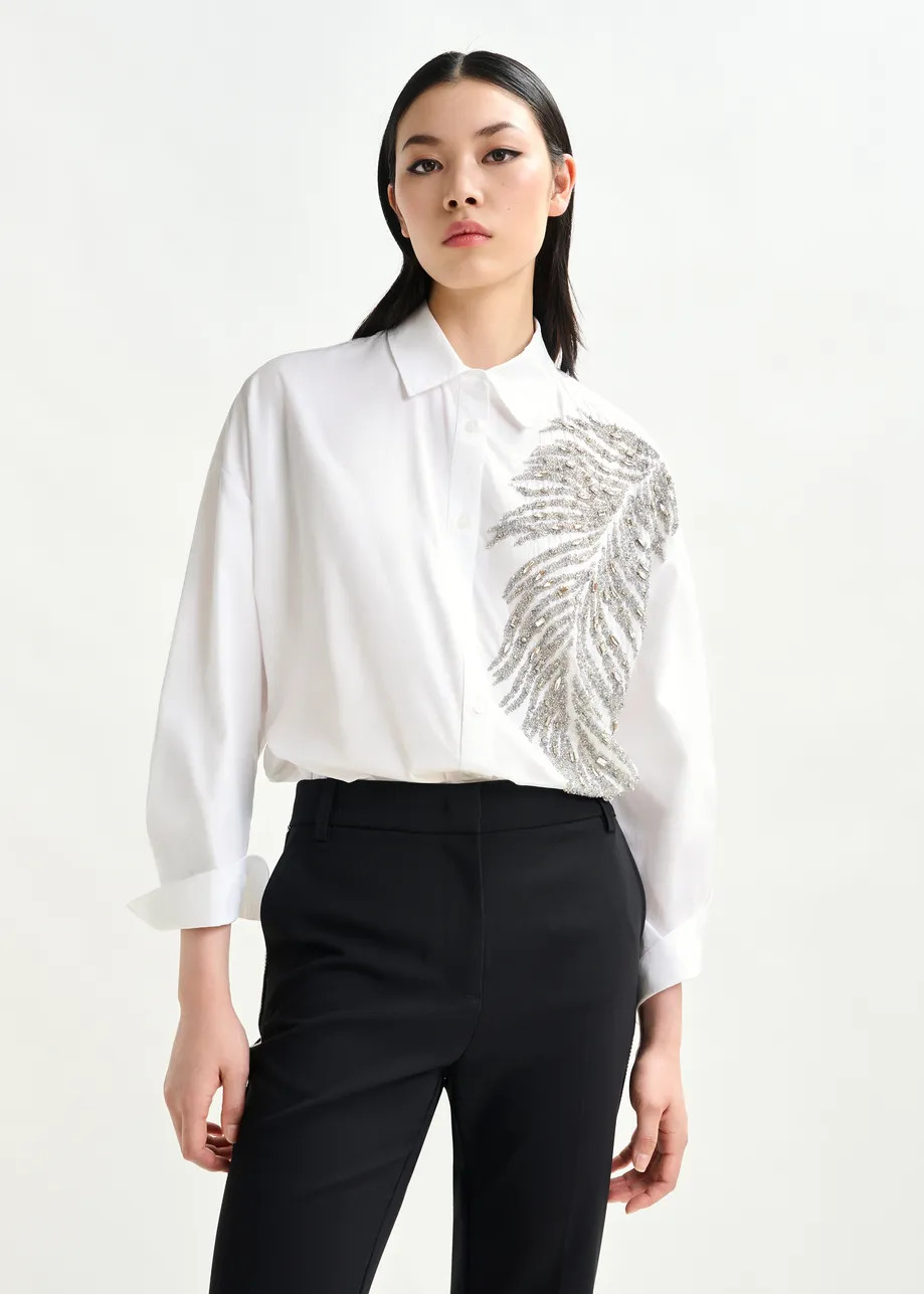 White and silver oversized cotton shirt with sequin and bead embellishment | Essentiel Antwerp Un... | Essentiel Antwerp