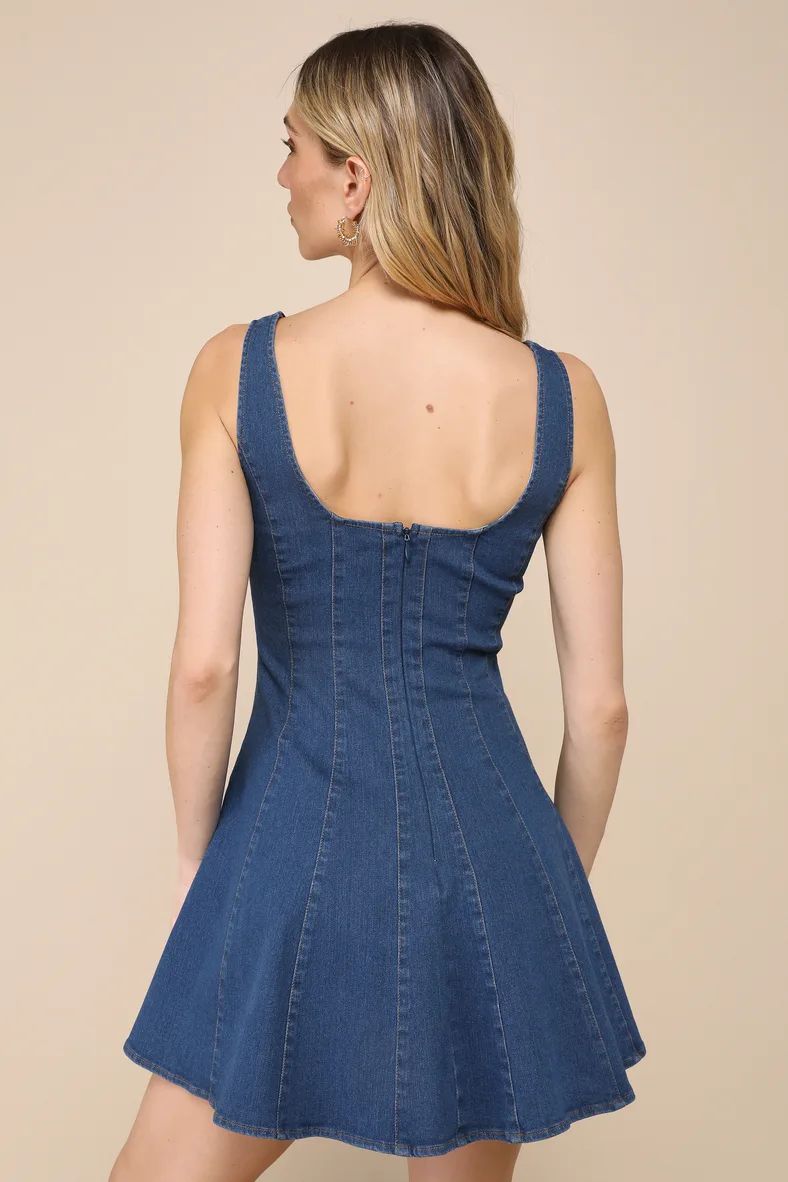 Dreamy Sweetie Dark Wash Sleeveless Skater Denim Mini Dress | Lulus