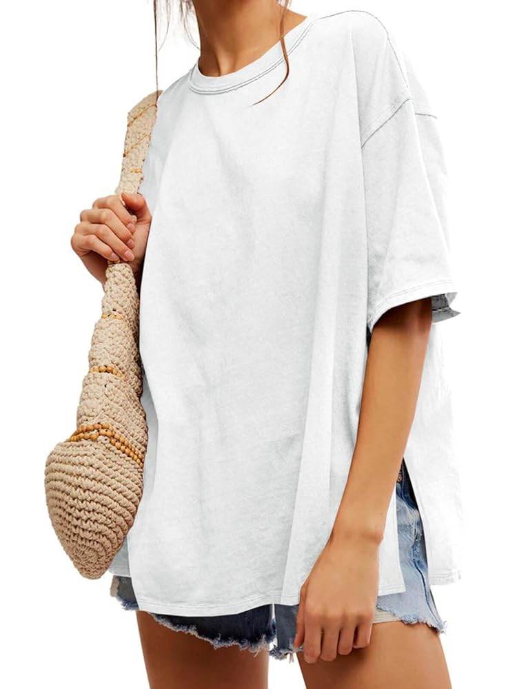 Tankaneo Womens Oversized Tshirts Summer Casual Short Sleeve Crew Neck T Shirt Loose Fit Side Sli... | Amazon (US)