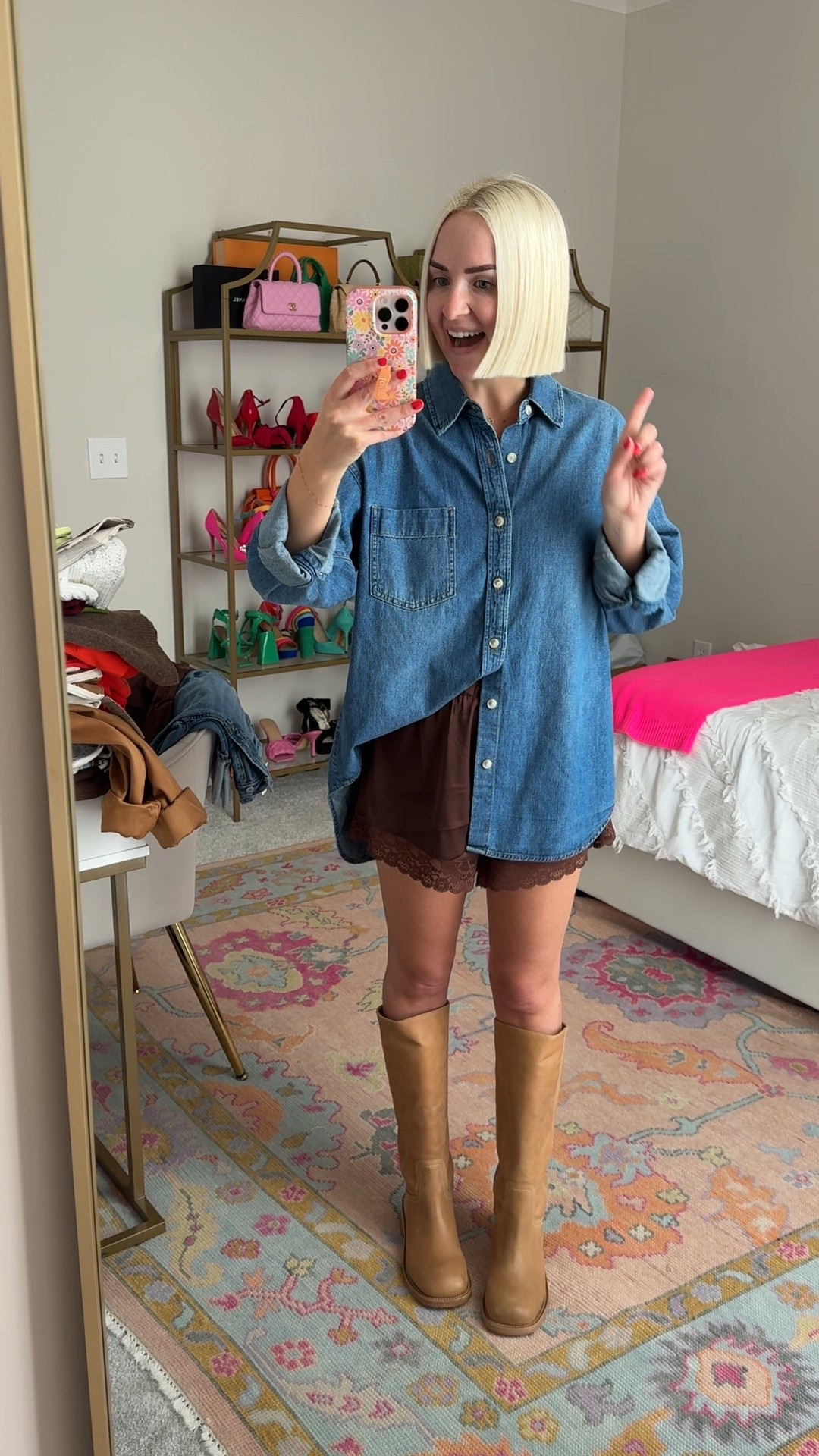 Brown lace shorts / lace trim shorts / lace shorts fall outfit / fall lace trim shorts outfit inspo 
Shorts: XS (TTS, elastic waist)
Denim shirt: XS 
Riggs knee high boots / Banana knee high boots: 7.5 (size up half) 

#LTKPetite #LTKStyleTip #LTKSeasonal