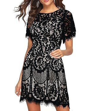 MSLG Women's Elegant Round Neck V-Back Wedding Guest Floral Lace Cocktail Party A Line Dress 910 | Amazon (US)