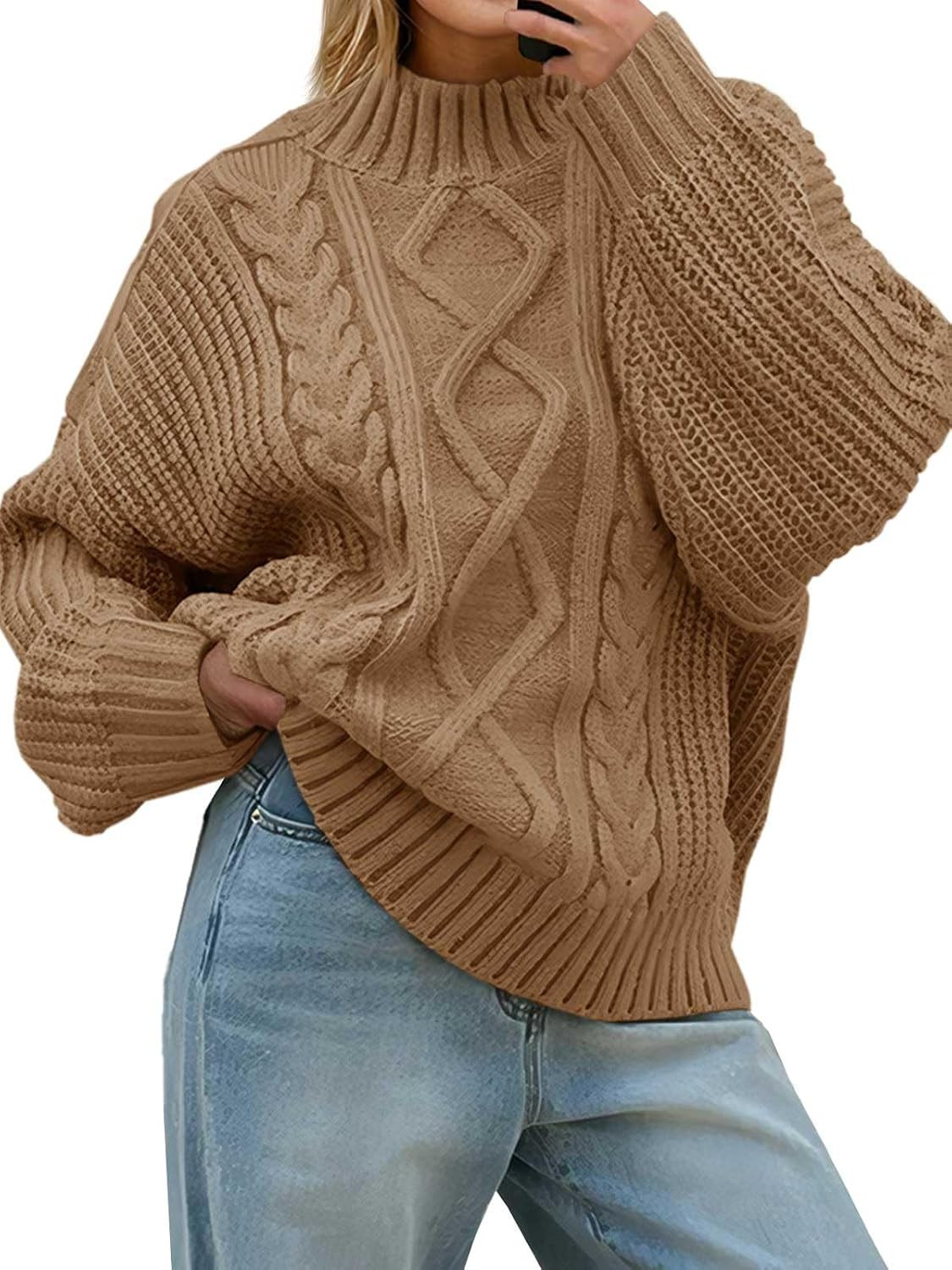 Saodimallsu Womens Oversized Cable Knit Sweaters 2026 Fall Winter Trendy Button Up Turtleneck Chunky Pullover Sweater Tops | Amazon (US)