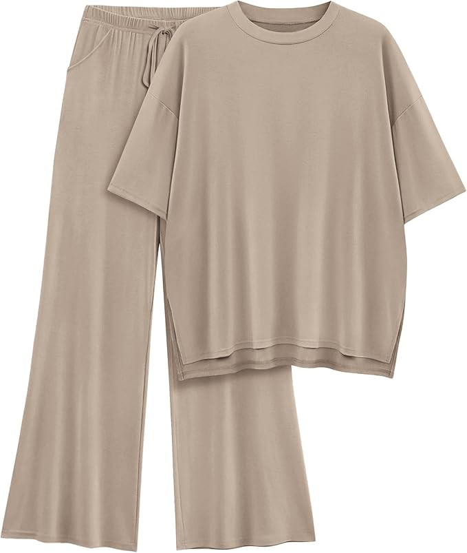Womens Lounge Set 2026 Summer 2 Piece Outfits Oversized Short Sleeve Tops & Wide Leg Pant Matchin... | Amazon (US)