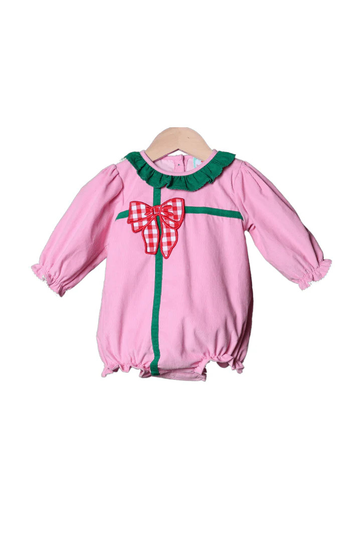 Applique Christmas Present Pink Corduroy Bubble | The Smocked Flamingo