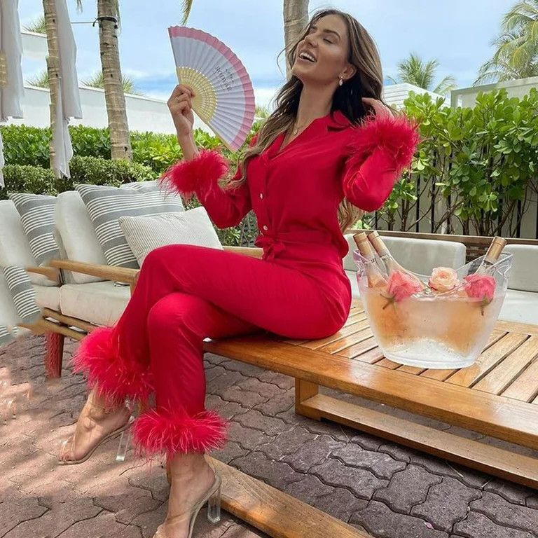 Red Women Pajama Sets Women Long Sleeve Camis Tops+Long Pants 2 Piece Set Sleepwear | Walmart (US)