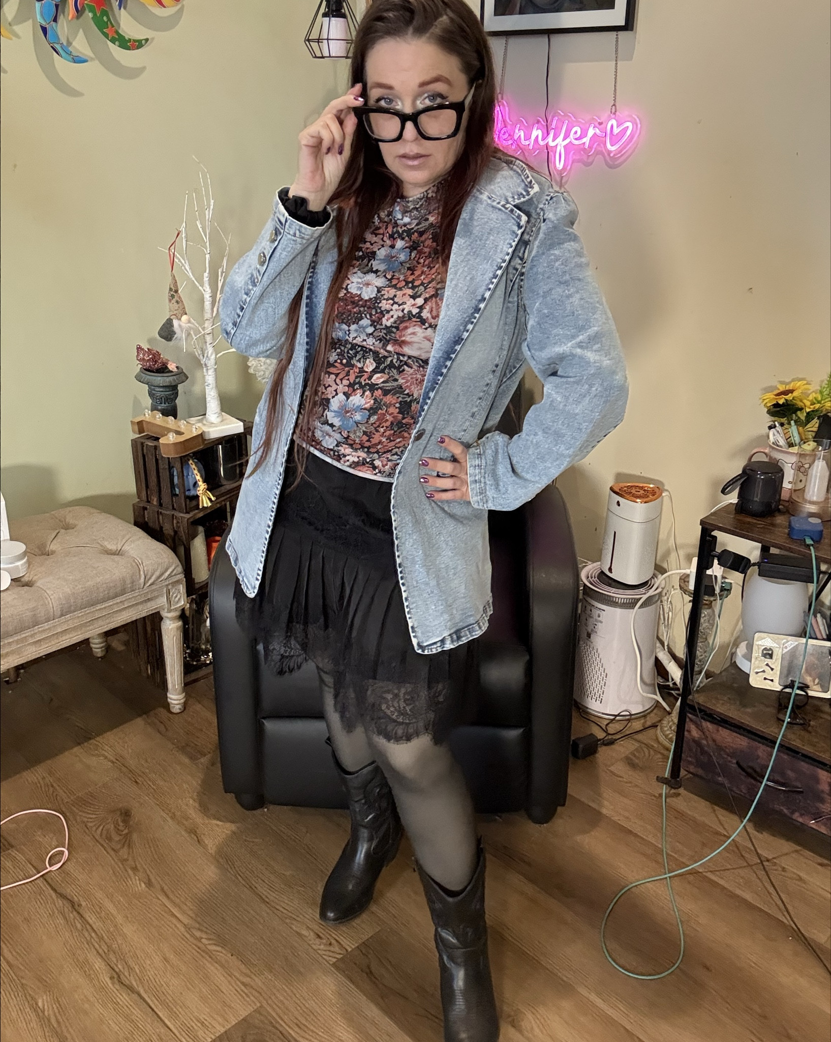 Library day but make it a whole vibe 📚✨
Serving quiet luxury with a little edge—denim blazer over a soft floral top, Y2K skirt, fleece tights to stay cozy, and my DREAM pair of cowboy boots to pull it all together 🤠
Who said the library can’t be a runway? Effortless, layered, and just the right amount of bold 💁‍♀️
#OOTD #LibraryLook #Over40Style #Y2KInspired #CowboyBoots #StyleAtAnyAge 

#LTKootd #LTKSaleAlert #LTKOver40