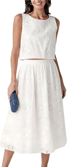 Wanzetaly Women's 2 Piece Skirt Set Hollow Out Eyelet Sleeveless Tank Top Maxi Skirt Boho Outfits... | Amazon (US)