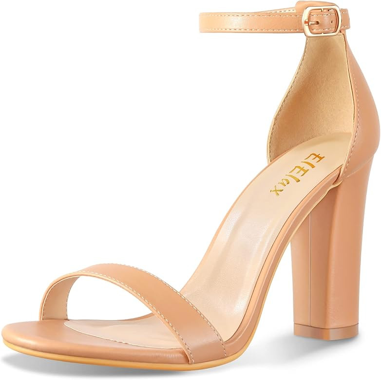 ElElax Nude Black Silver Heels for Women Chunky, 4 Inches Block High Heels Strappy Womens Heels O... | Amazon (US)