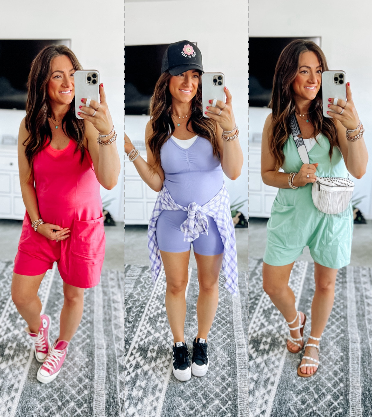 My go-to when pregnant! These jumpsuit rollers are all so good! Comfy, stretchy, easy, and cute!! In my true size small in all, so I can wear before, during, and after pregnancy!! Maternity outfit. Bump style. Spring outfit. Summer outfit. 

#LTKbump #LTKstyletip #LTKfindsunder50