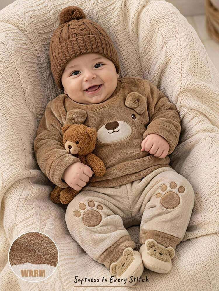 Cozy Pixies Newborn Baby Girl Cartoon Bear Pattern Fleece Lined Thick Crew Neck Long Sleeve Pullo... | SHEIN