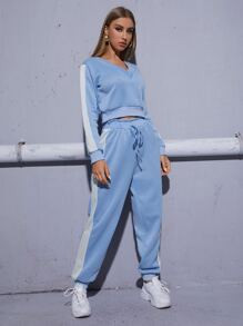 Contrast Sideseam Sweatshirt And Paper Bag Waist Sweatpants | SHEIN