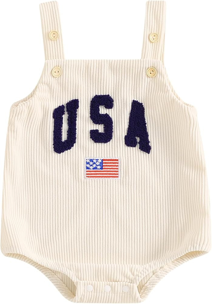 Lesimsam 4th of July Baby Girl Outfit Newborn Infant Strap Sleeveless USA Embroidery Overall Romp... | Amazon (US)