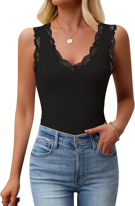 Tank Tops for Women Ribbed Knit Lace Camisole Summer Casual Sleeveless V Neck Shirts Going Out Ou... | Amazon (US)