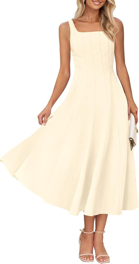 MEROKEETY Women's 2026 Summer Sleeveless Midi Dress Square Neck Smocked Flowy A Line Beach Dresse... | Amazon (US)