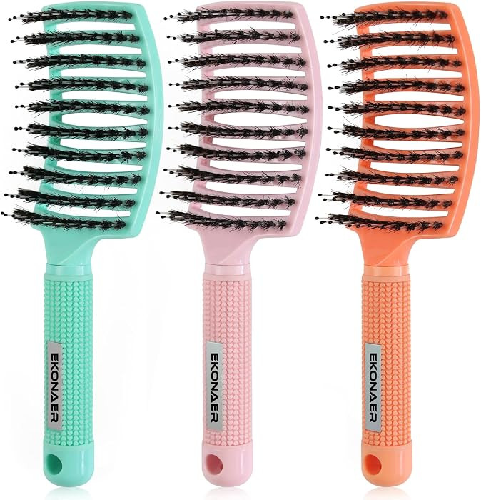 EKONAER 3 Pack Vented Quick Drying Massage Blow Detangler Brush,Boar Bristle Hair Brush Set-Curve... | Amazon (US)